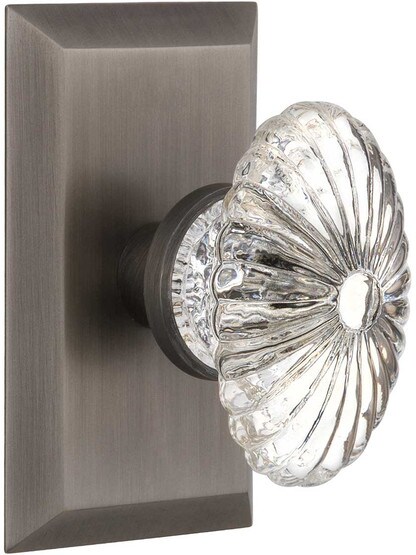 New York Rosette Door Set with Oval Fluted-Crystal Glass Knobs in Antique Pewter.